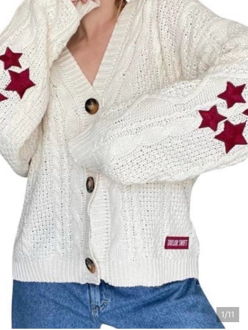Taylor Swift Cream Cable Knit Cardigan with Burgundy Star Patches